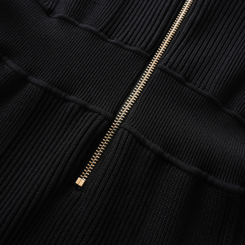 Zipper Short Sleeve Cinched Waist Knit Dress