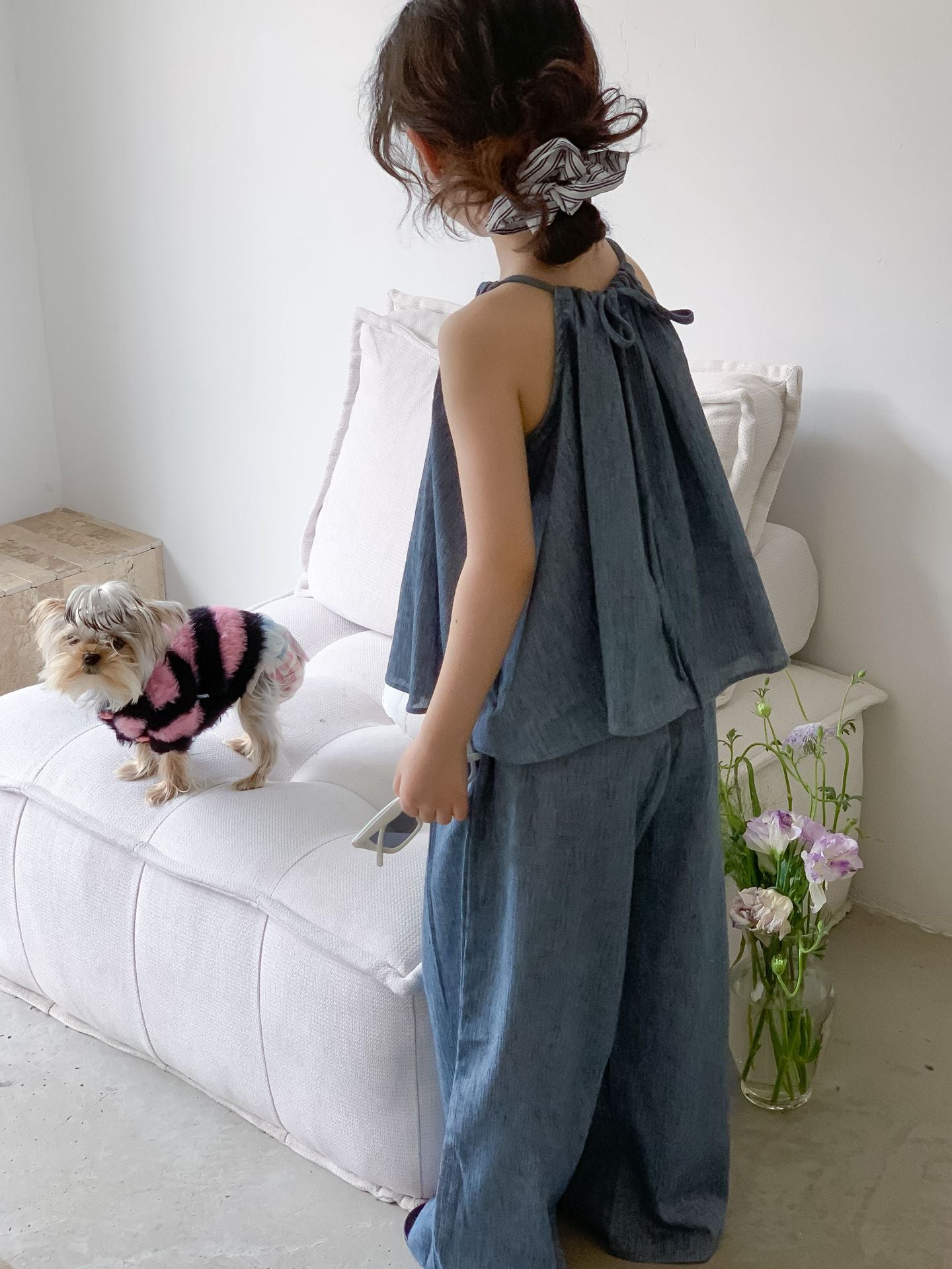 Girls' Blue Suspenders Wide-leg Pants Set in the Big Virgin Bao Cool Two-Piece Set