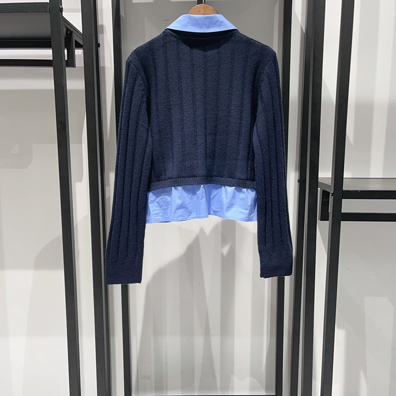Two Pieces Contrast Shirt Collar Pullover Knit Sweater