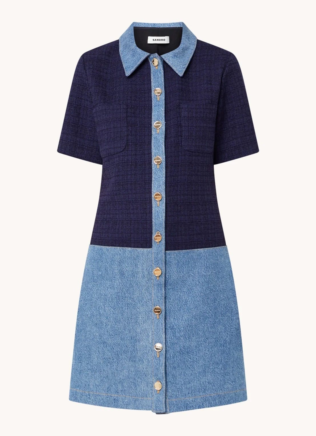 OUT OF STOCKSandro Mini tweed-look blouse dress with denim details