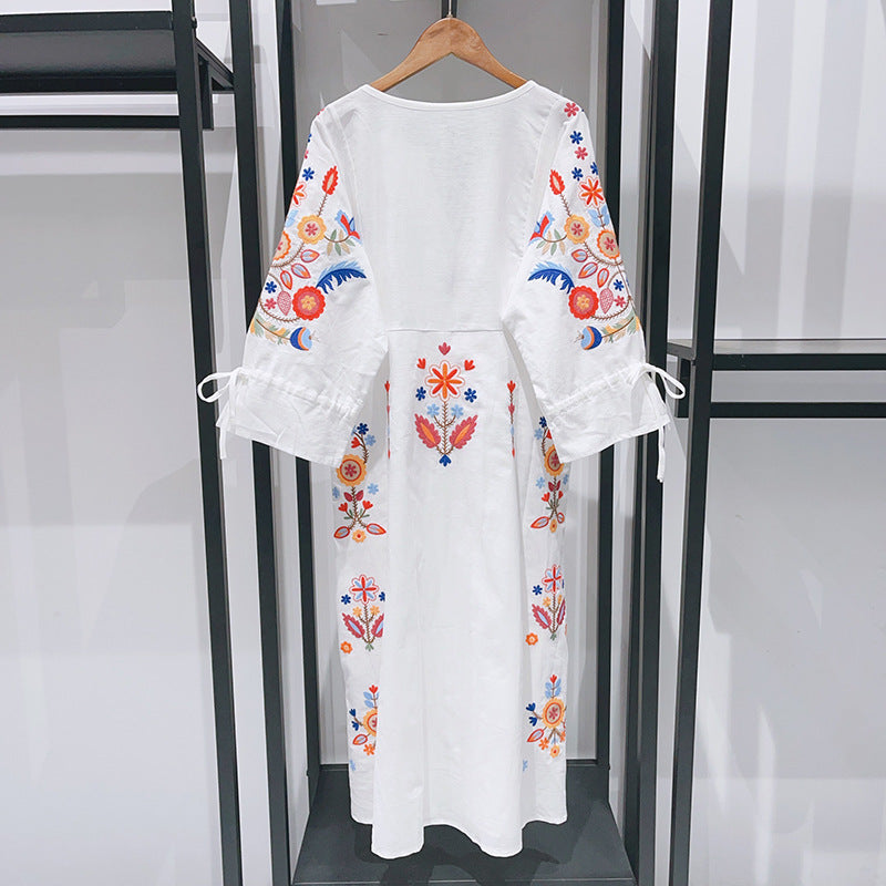 White linen dress with floral embroidery Sobachko