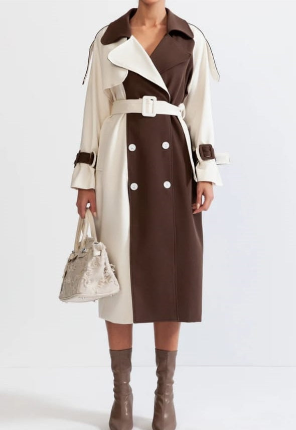 Bicolor Double Breasted Trench Coat - Cream&Brown
