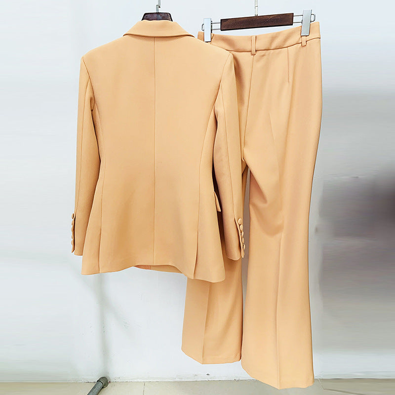 Double-breasted slim suit jacket flared trousers set
