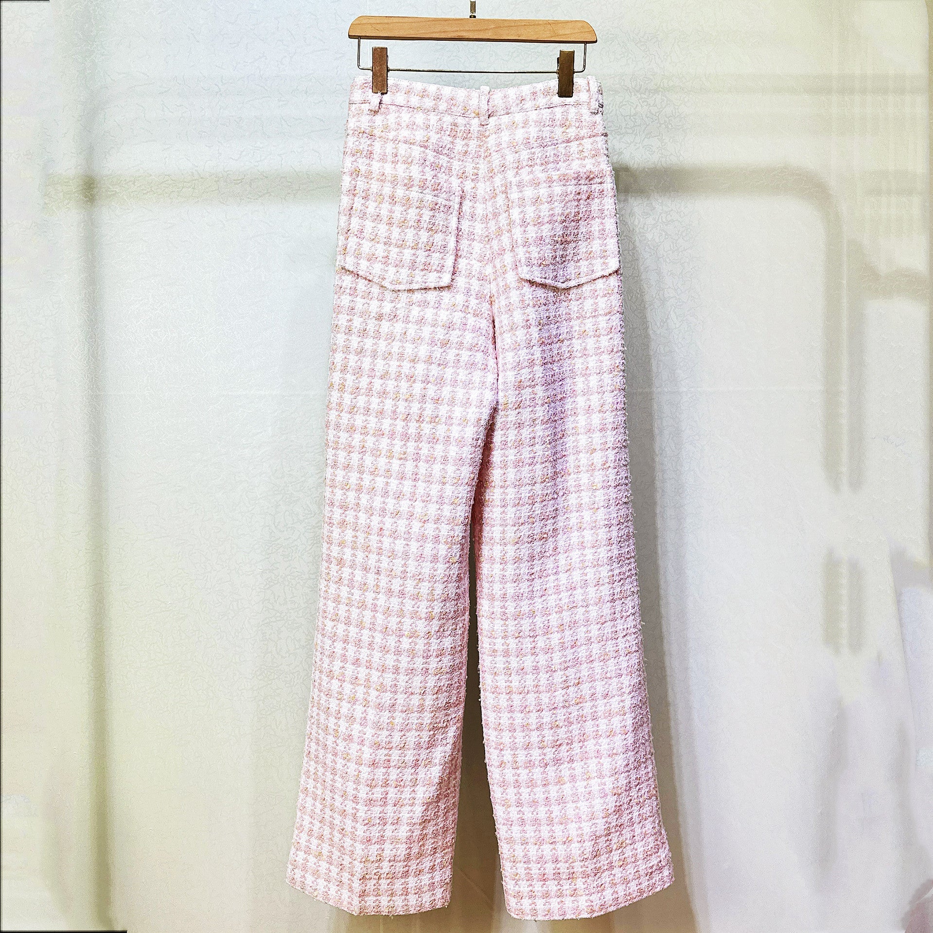 Pink tweed short jacket high-waisted wide-leg pants set
