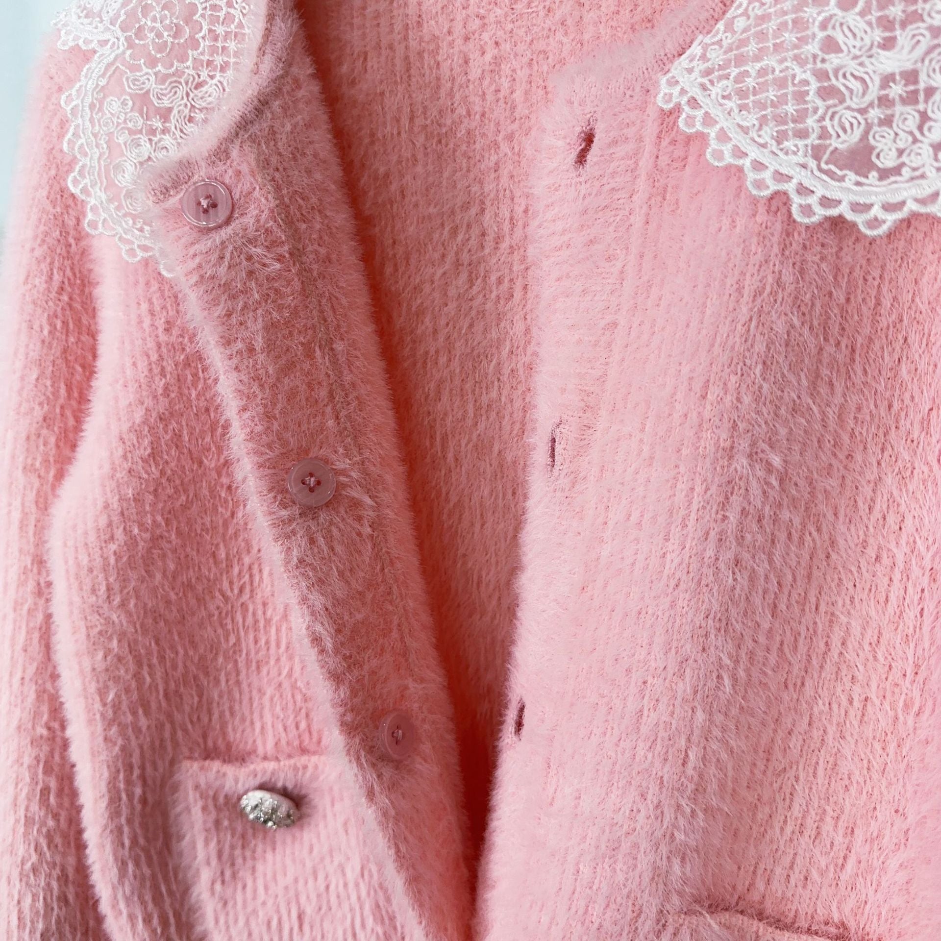 Pink lace doll collar  knit long sleeve short suit