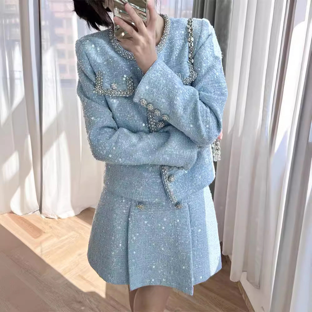 Diamond trimmed tweed jacket + skirt small fragrance suit