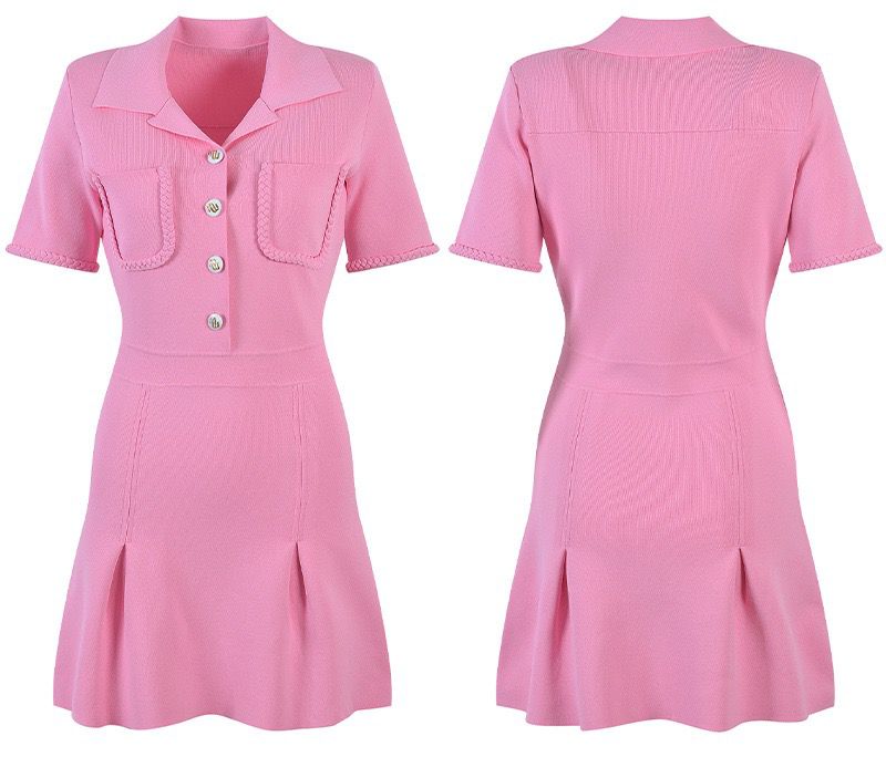 Summer new pink short-sleeved sweet age-reducing lapel dress