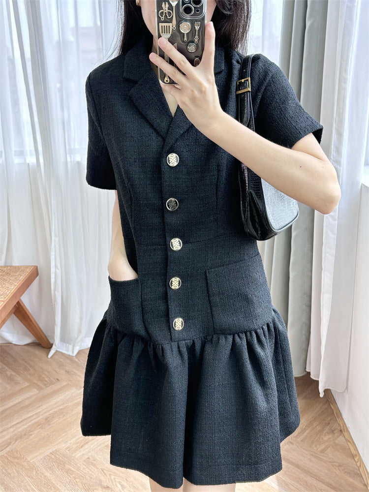 Waist Short Sleeve Lapel Little Black Dress