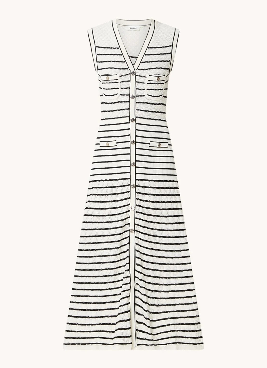 Sandro Fine knit maxi blouse dress with stripe print and patch pockets