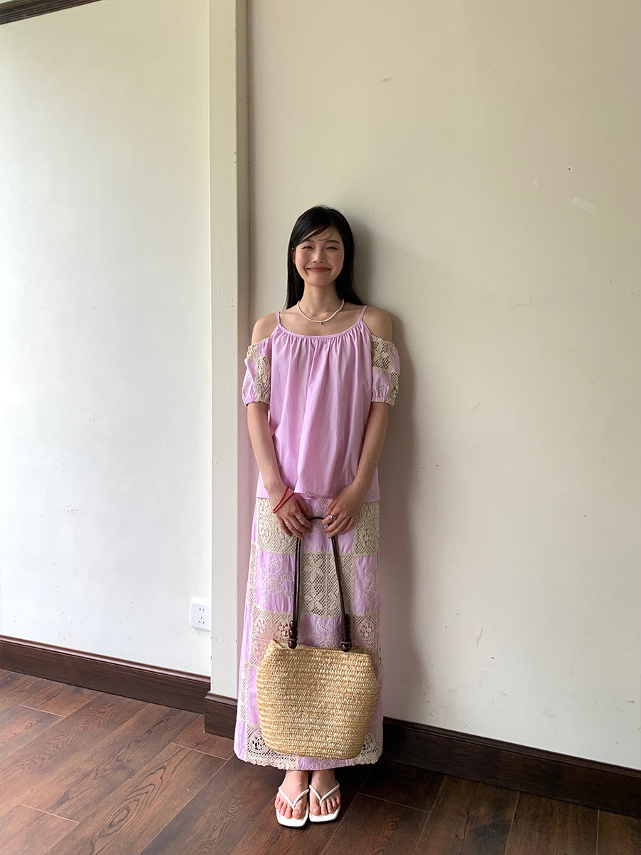 Off-the-shoulder blouse French skirt two-piece set