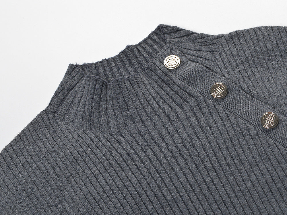 French Niche long-sleeved waist-cinching hip button dress