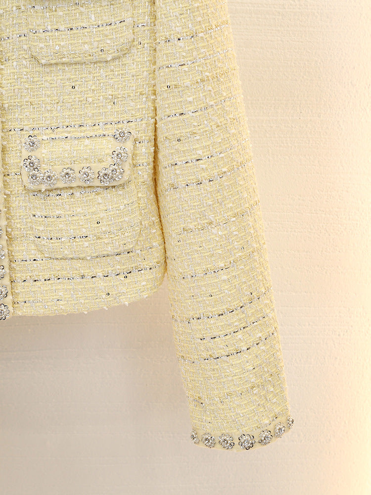 Diamond pocket check tweed coat