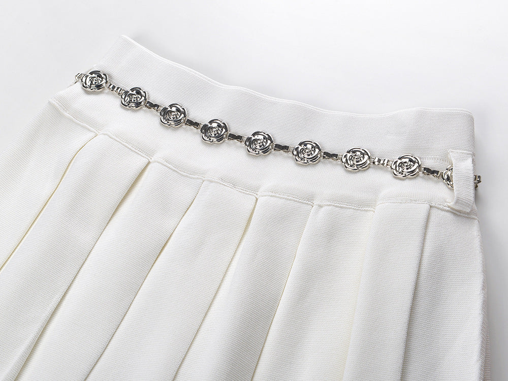 flower buttons, short sleeve top  pleated skirt set