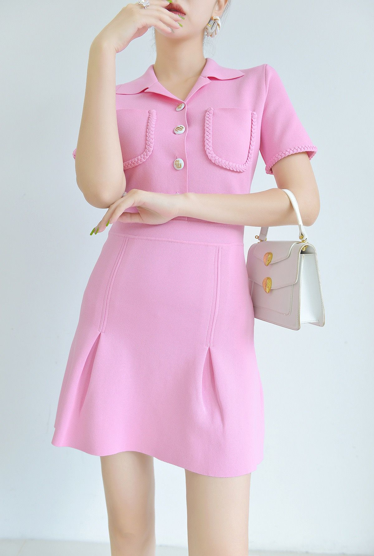 Summer new pink short-sleeved sweet age-reducing lapel dress