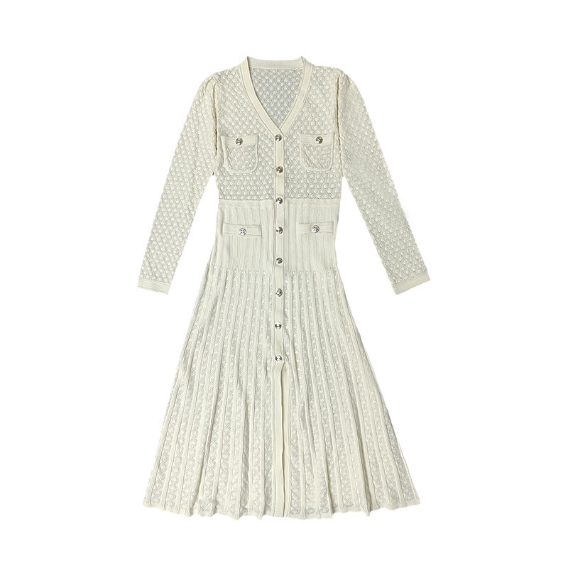 V-neck hollow striped knit dress