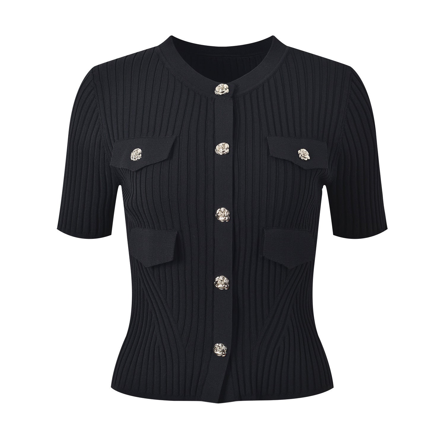 Flower buttons and high-waisted slim pleated skirt