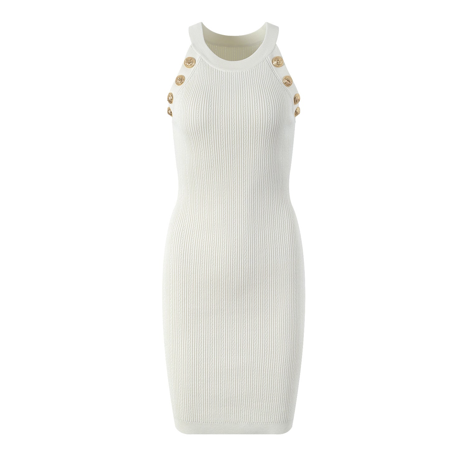 Halterneck waist slim knitted vest skirt gold button cardigan set