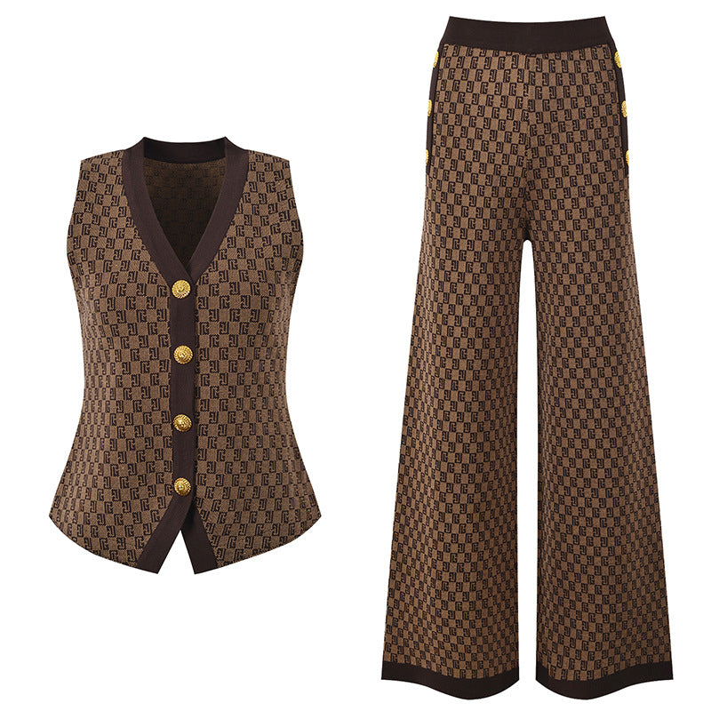 V-neck metal buckle jacquard  suit