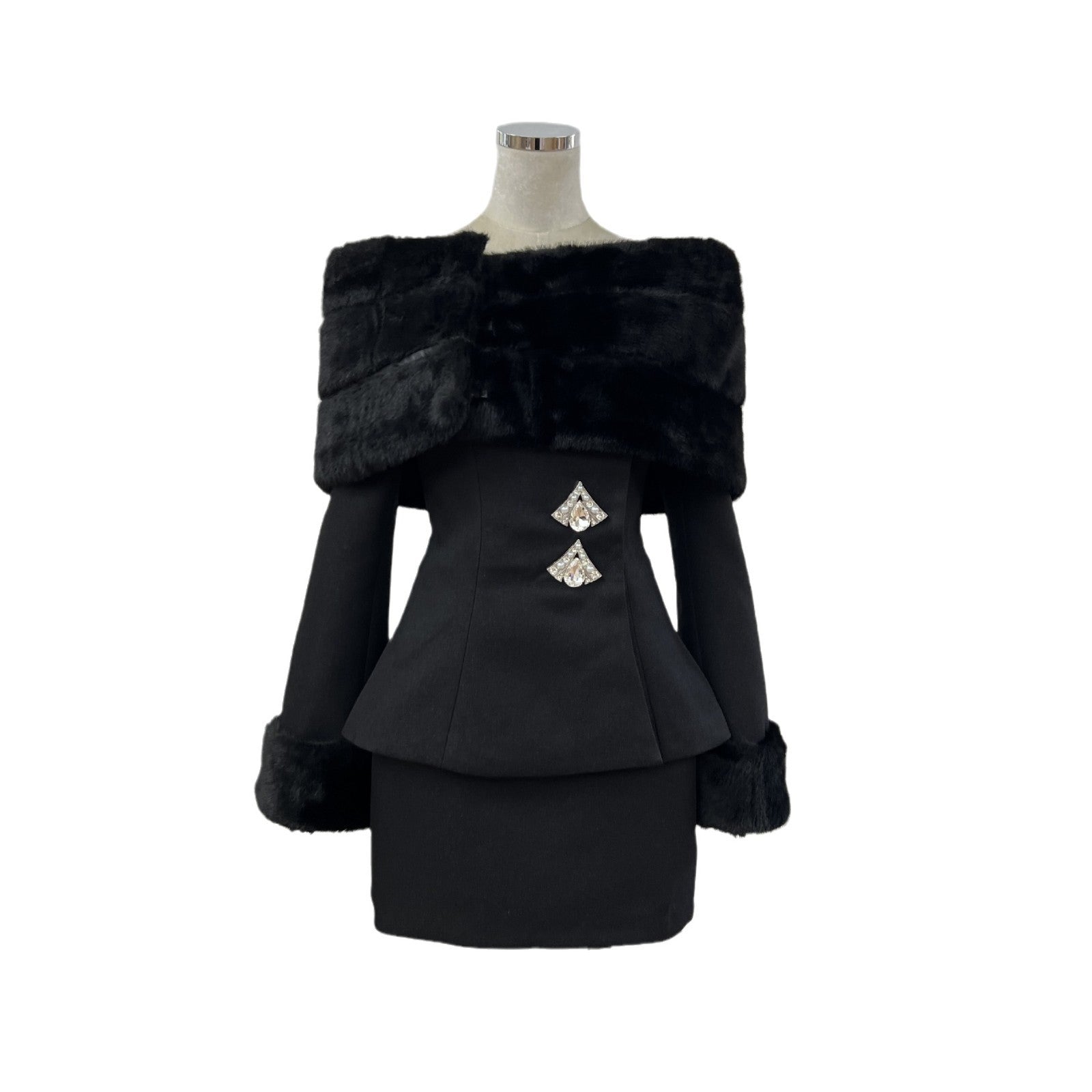 Fur collar top + hip skirt