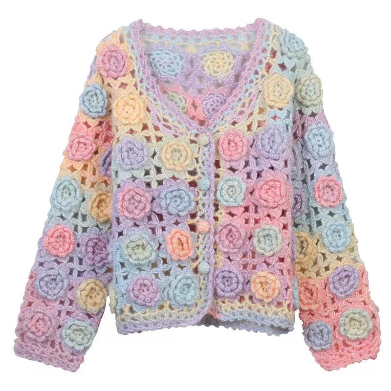 Handmade rainbow rose hollow crochet coat