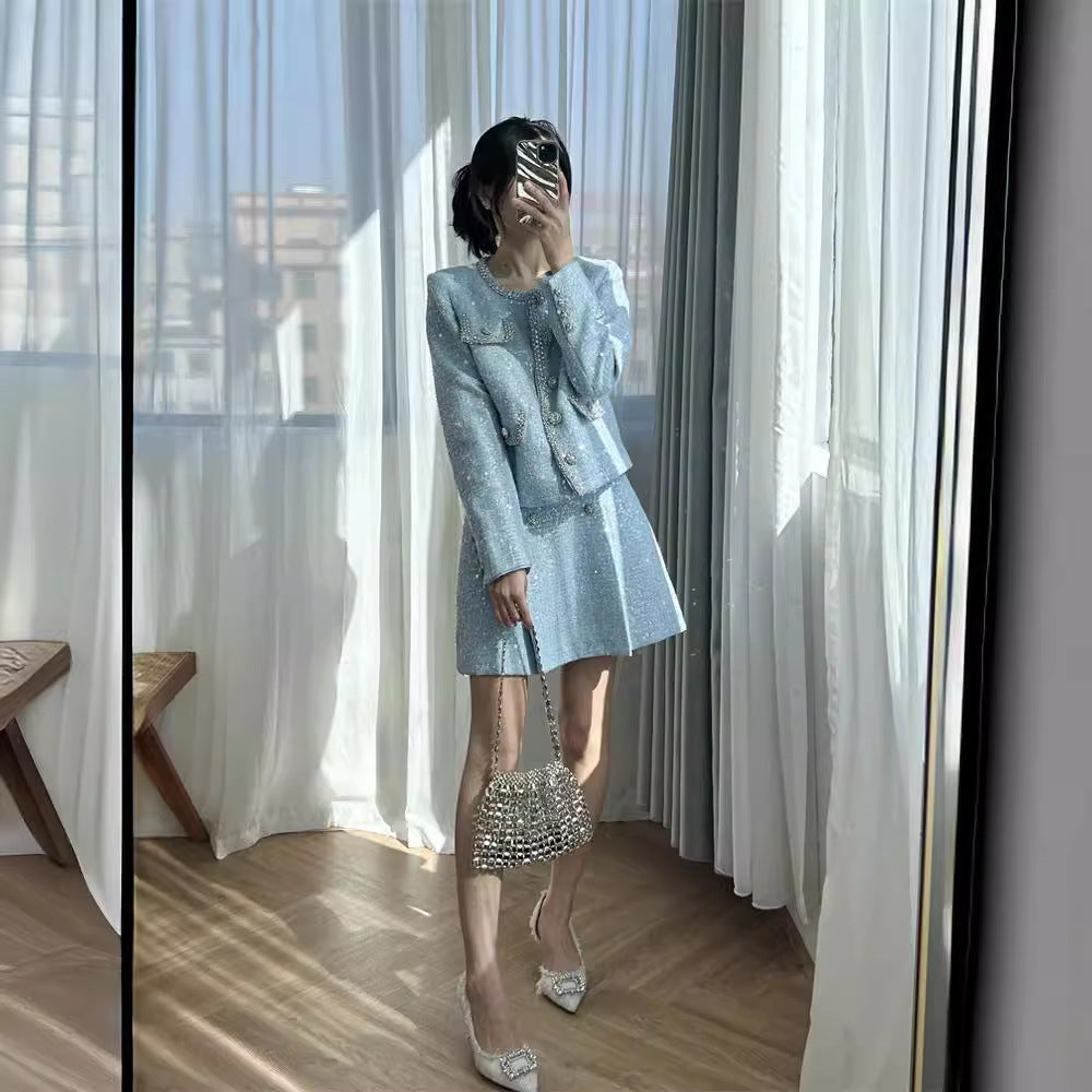 Diamond trimmed tweed jacket + skirt small fragrance suit