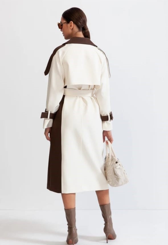 Bicolor Double Breasted Trench Coat - Cream&Brown