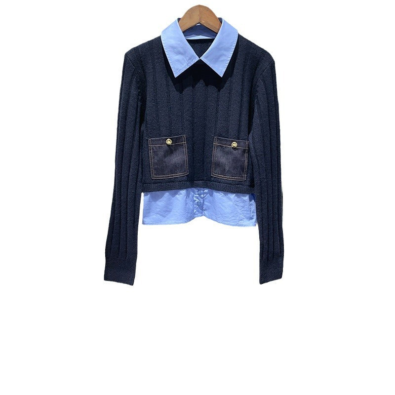Two Pieces Contrast Shirt Collar Pullover Knit Sweater