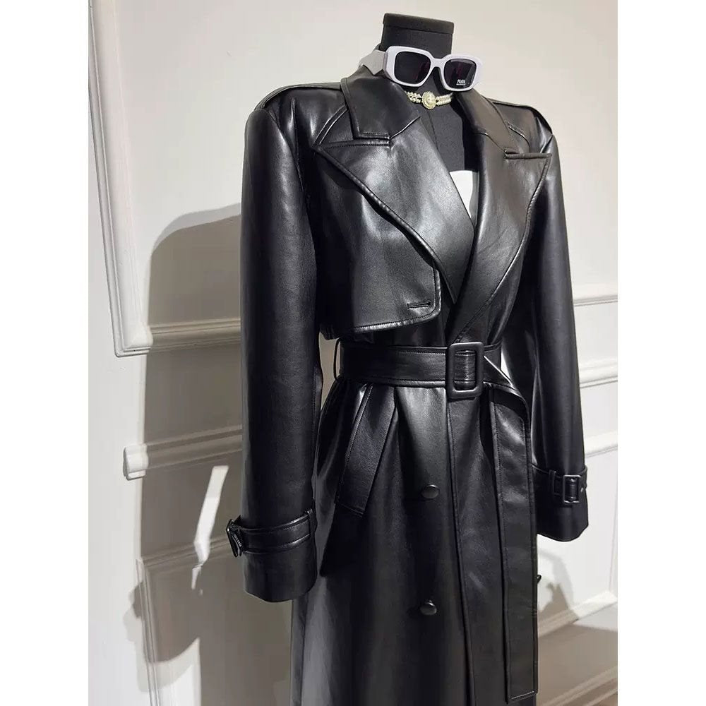 Long high-end  Black leather jacket