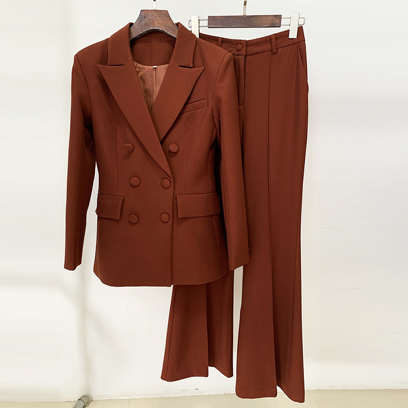 Double-breasted slim suit jacket flared trousers set