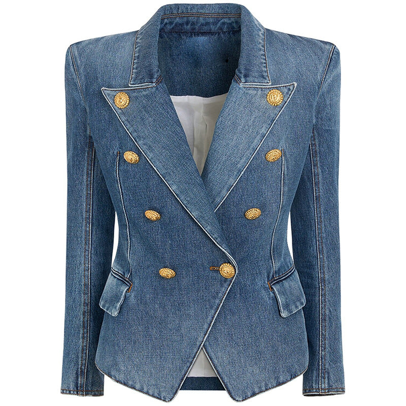 Double-breasted wash denim blazer