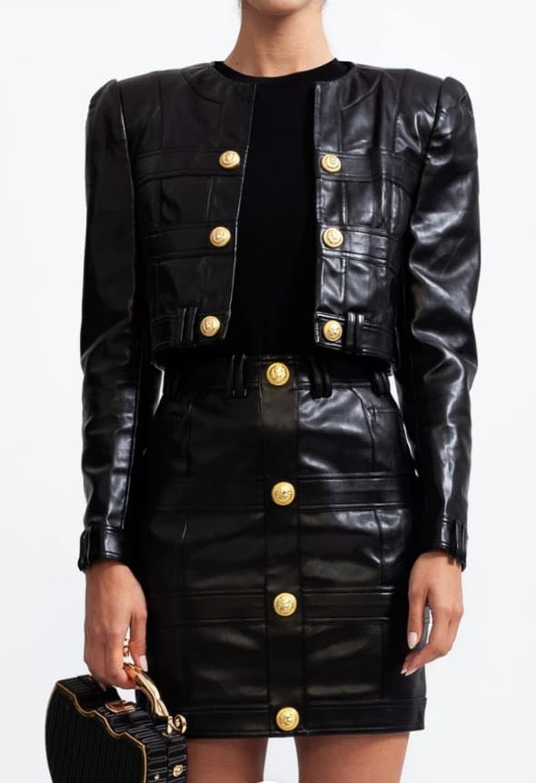 Vegan Leather Co-ord with Golden Buttons - Black