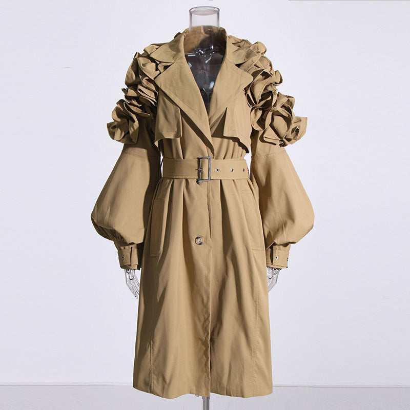 Viviana Ruffled Sleeve Trench Coat - Brown