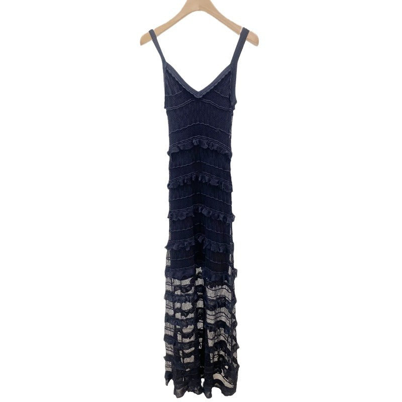 Lace cut-out long knitted slip dress