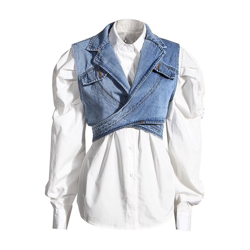 Two Piece Denim Vest Puff Sleeve Shirt