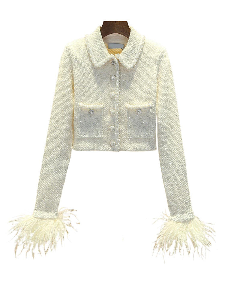Tweed Tassel Feather Sleeve Cardigan