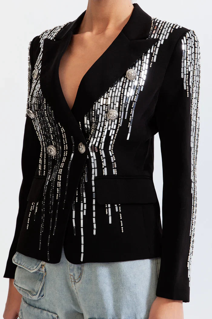 Rhinestone Double Breast Suit - Black