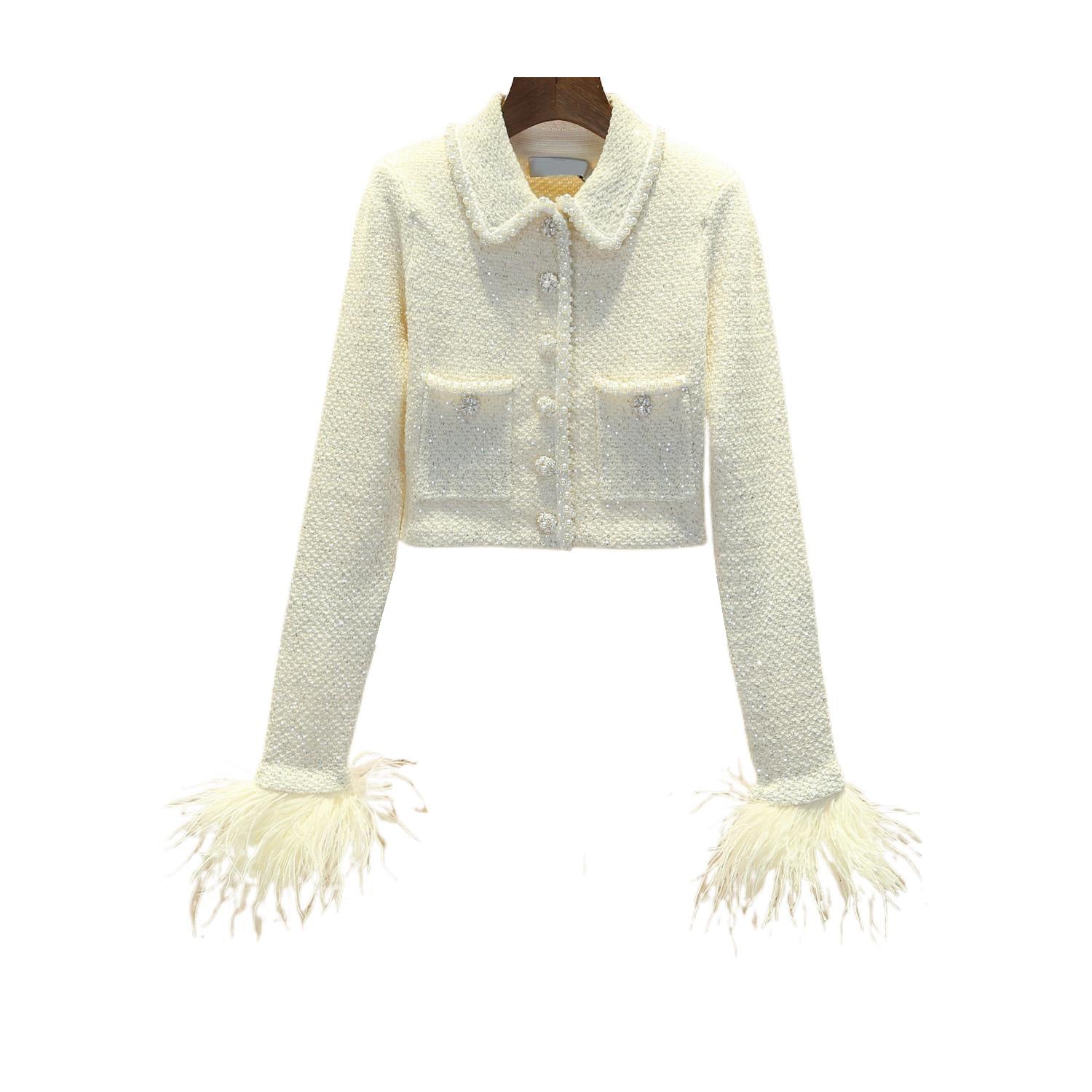 Tweed Tassel Feather Sleeve Cardigan