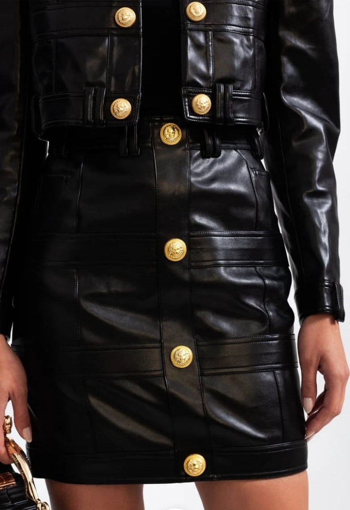 Vegan Leather Co-ord with Golden Buttons - Black