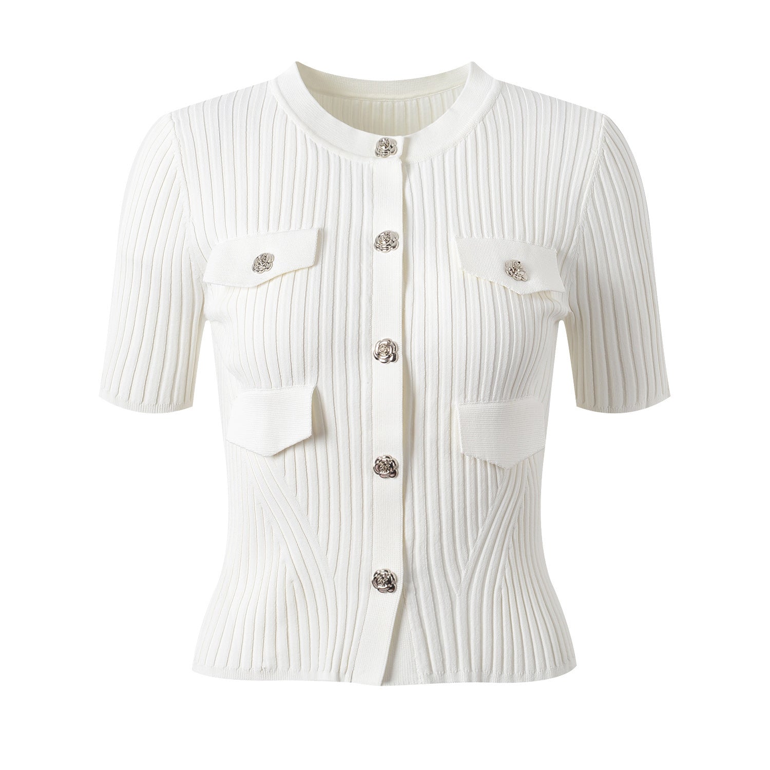 Flower buttons and high-waisted slim pleated skirt