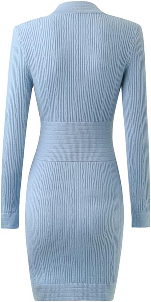 Women Buttons Knit Dress with Pockets Long Sleeve V-Neck Casual Mini Sweater Dress