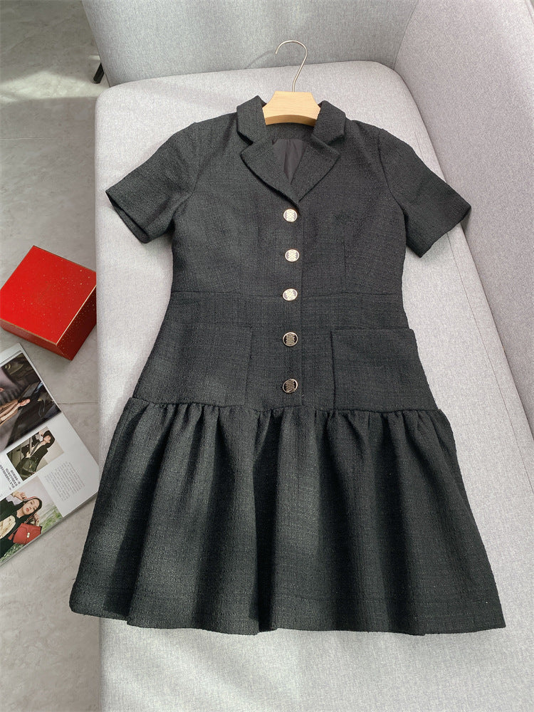 Waist Short Sleeve Lapel Little Black Dress