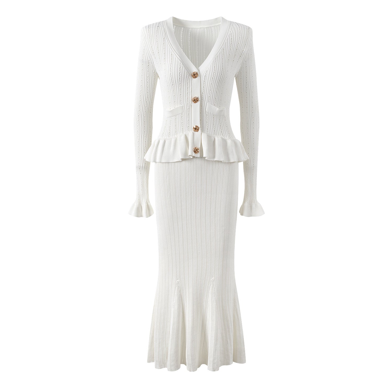 V-neck knitted ruffle panel slim midi fishtail dress