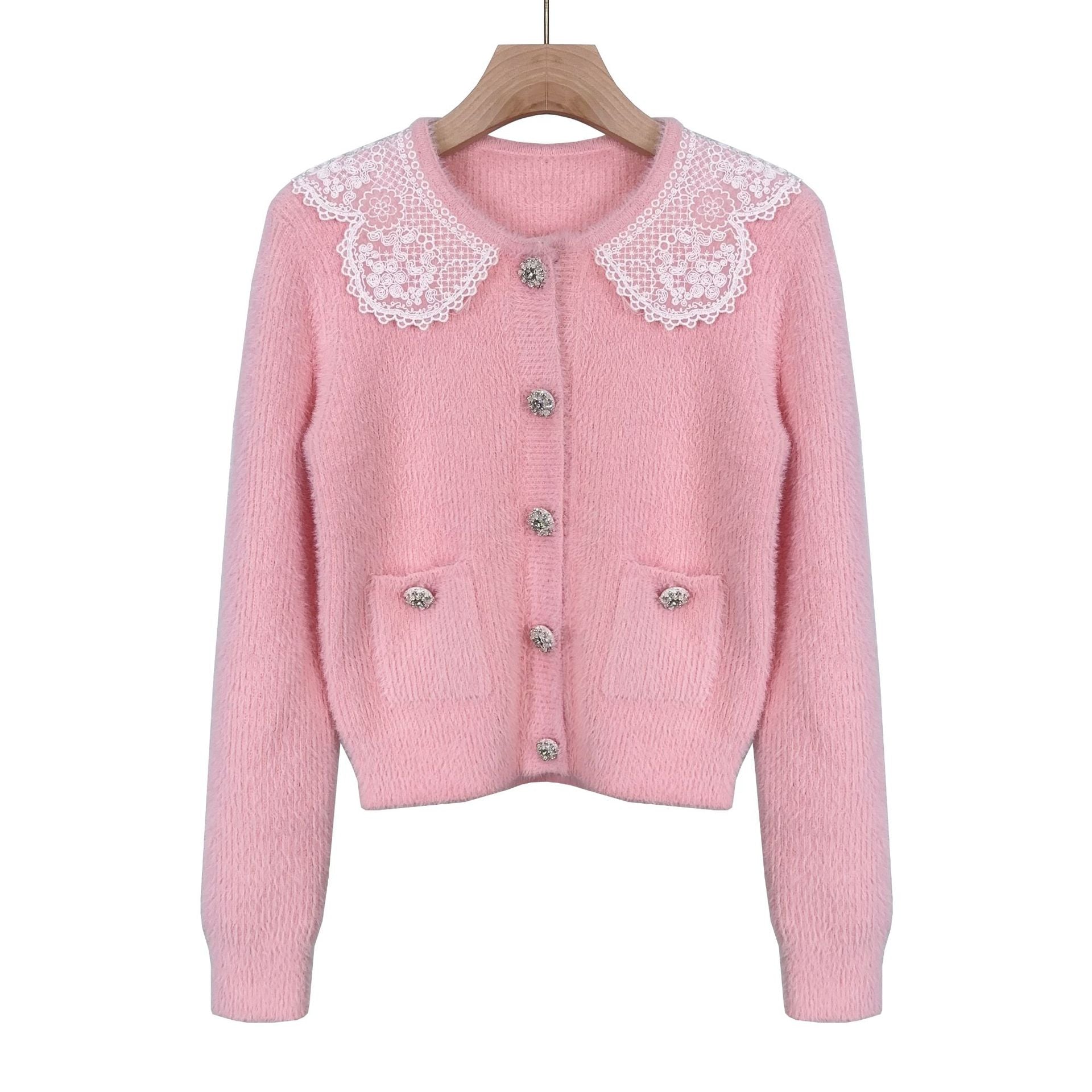 Pink lace doll collar  knit long sleeve short suit