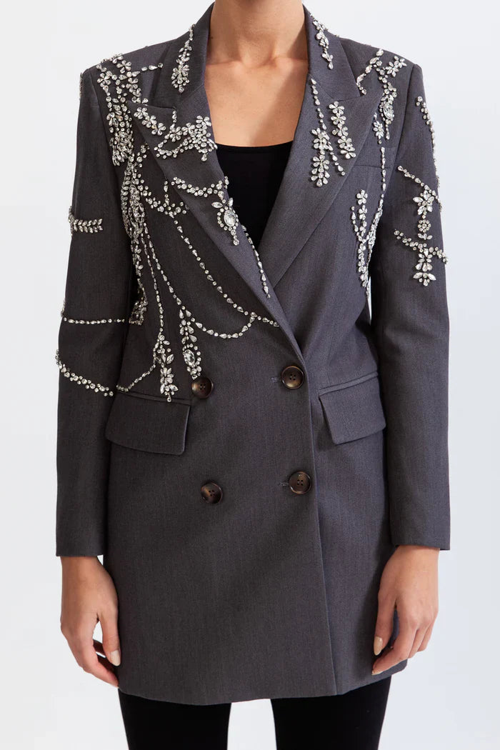 Double Breasted Long Blazer with Jewels - Grey