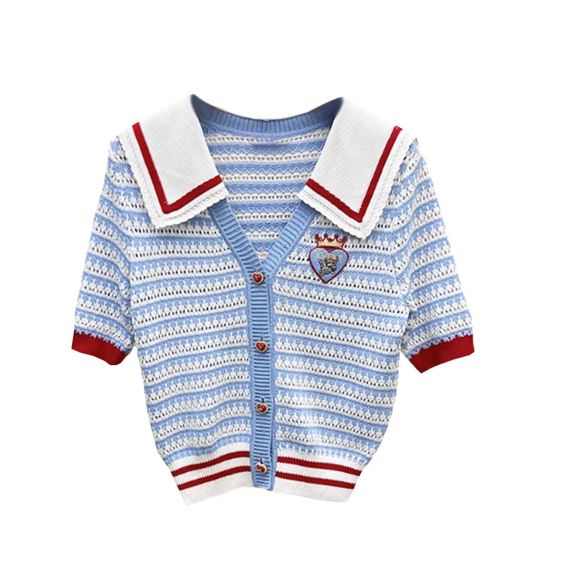 Navy collar striped knitted cardigan