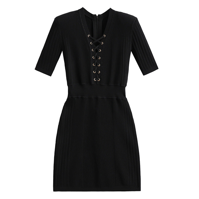 Zipper Short Sleeve Cinched Waist Knit Dress
