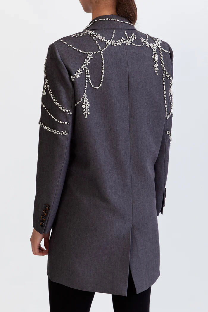 Double Breasted Long Blazer with Jewels - Grey