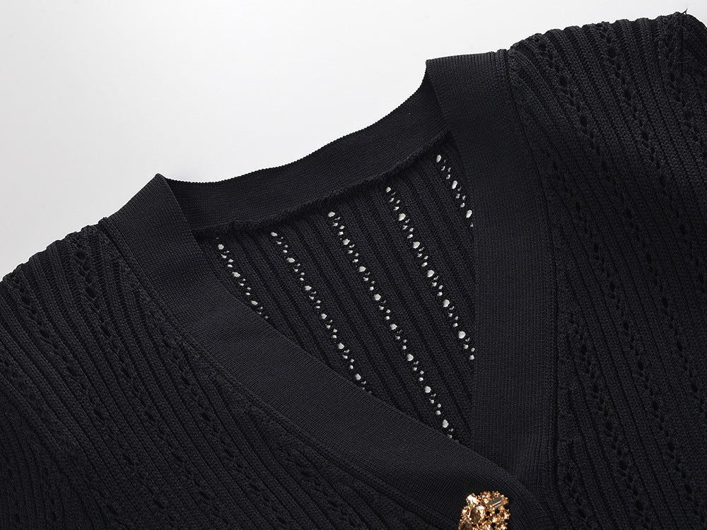 Short sleeve diamond buckle ruffle waist knit dress