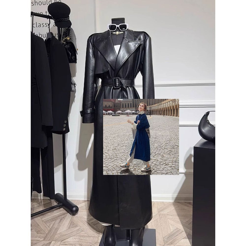 Long high-end  Black leather jacket