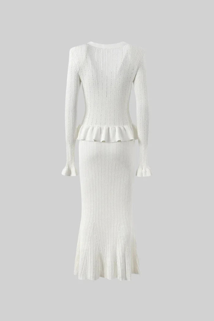 Ruffled Jacket & Flared Skirt Knit Matching Set - White